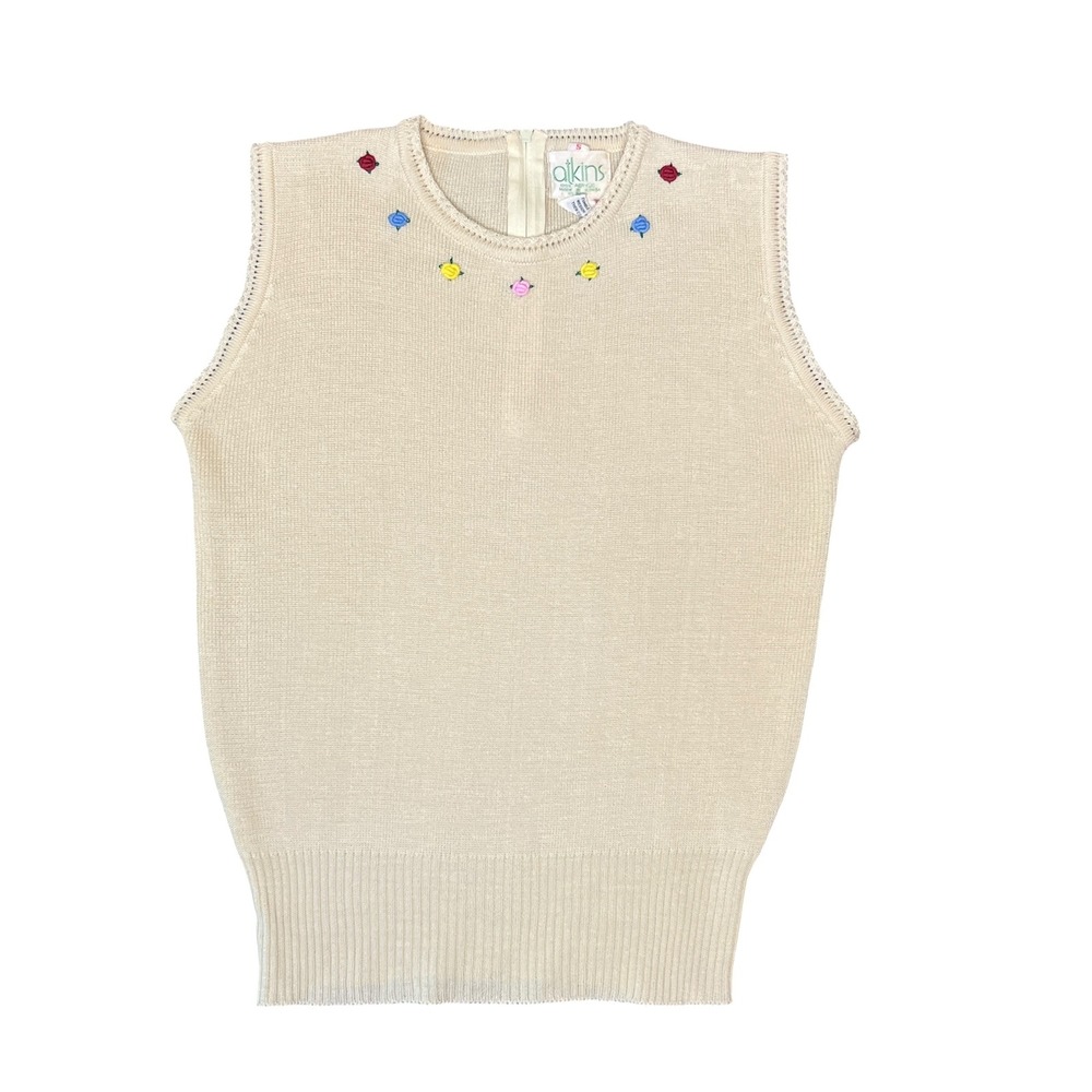 VTG Atkins Sweater Vest S Cream Floral Embroidered Zip Back Grandmacore Korea
